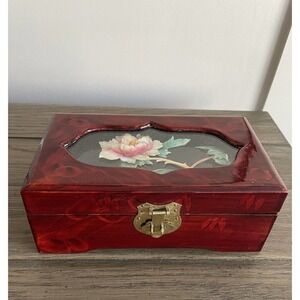 EUC, Vintage Chinese Lacquer Redwood Floral Jewelry Box